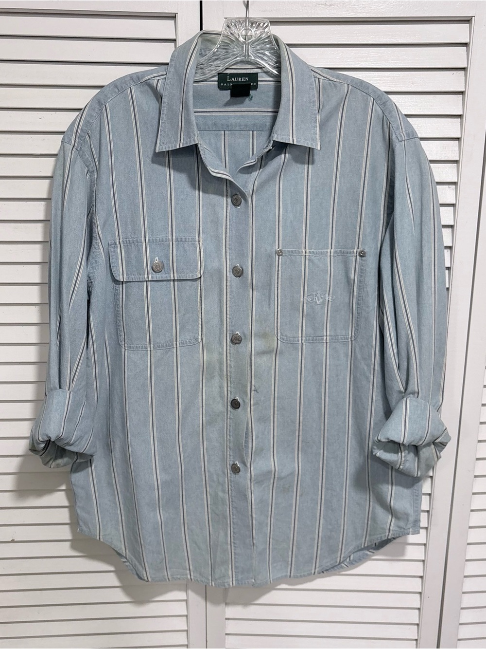Lauren Ralph Lauren Vintage Striped Denim Long Sleeve Shirt Blue L
